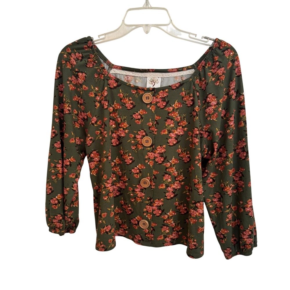 Self Esteem Olive Green Floral Square Neck Button Front Long Sleeve Top Large